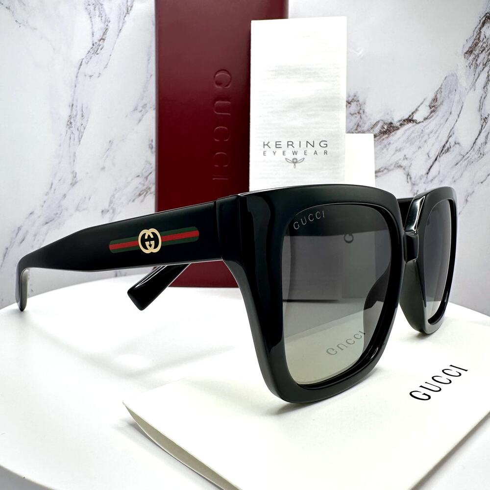 New GUCCI Sunglasses Black 54mm Square Gold Interlocking GG Red Green Web - Picture 10 of 16